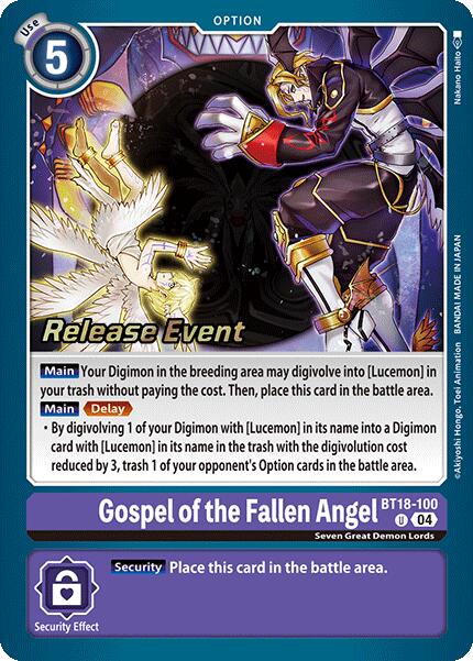 Gospel of the Fallen Angel [BT18-100] [Release Special Booster Ver.2.0 Pre-Release Cards] | Clutch Gaming