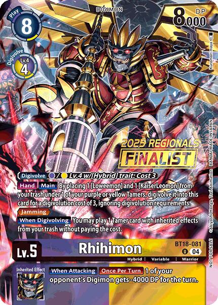 Rhihimon [BT18-081] (2025 Regionals Finalist) [Release Special Booster Ver.2.0 Promos] | Clutch Gaming