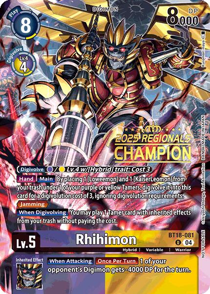 Rhihimon [BT18-081] (2025 Regionals Champion) [Release Special Booster Ver.2.0 Promos] | Clutch Gaming