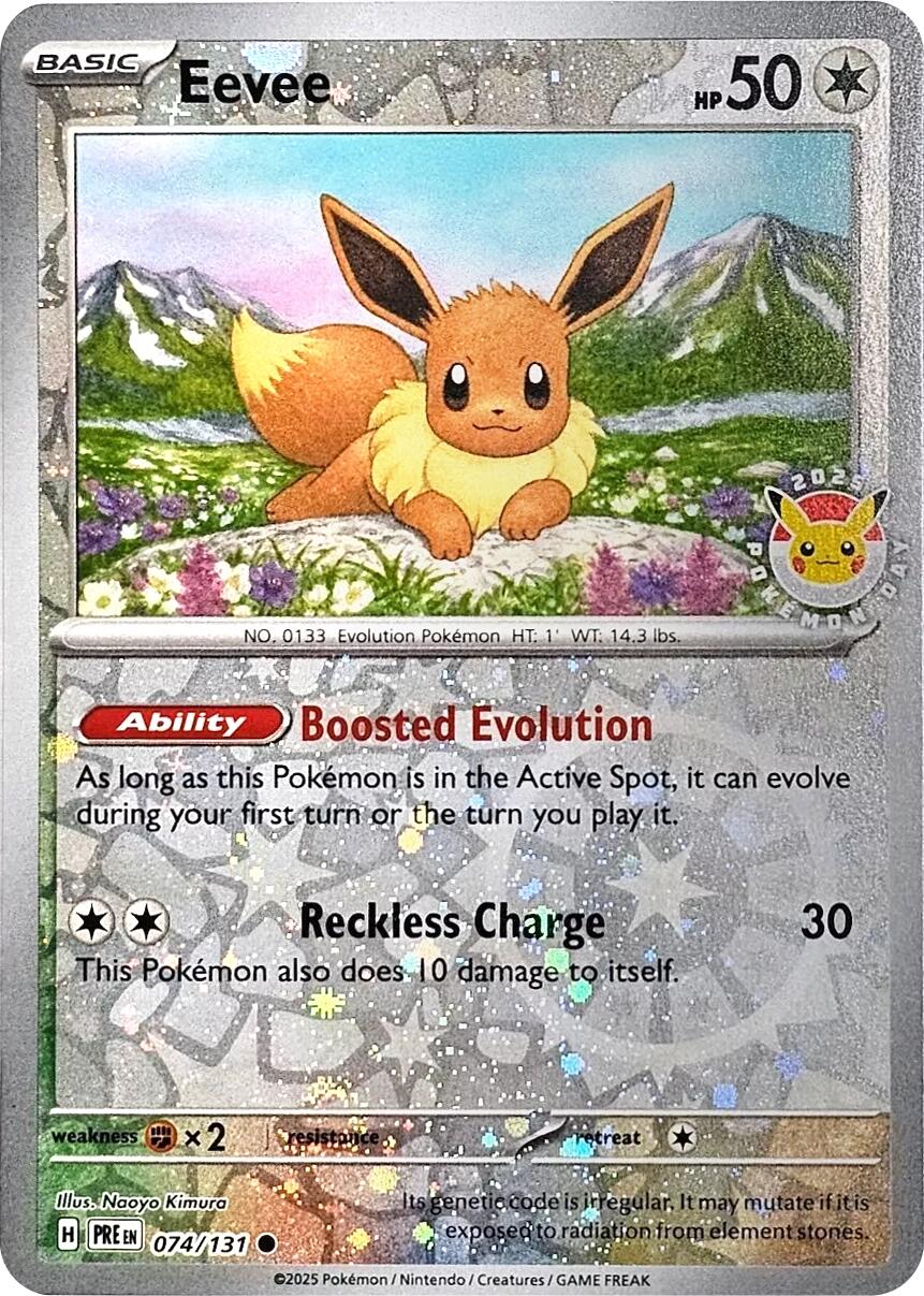 Eevee (074/131) (Pokemon Day 2025) (Reverse Cosmos Holo) [Scarlet & Violet: Prismatic Evolutions] | Clutch Gaming