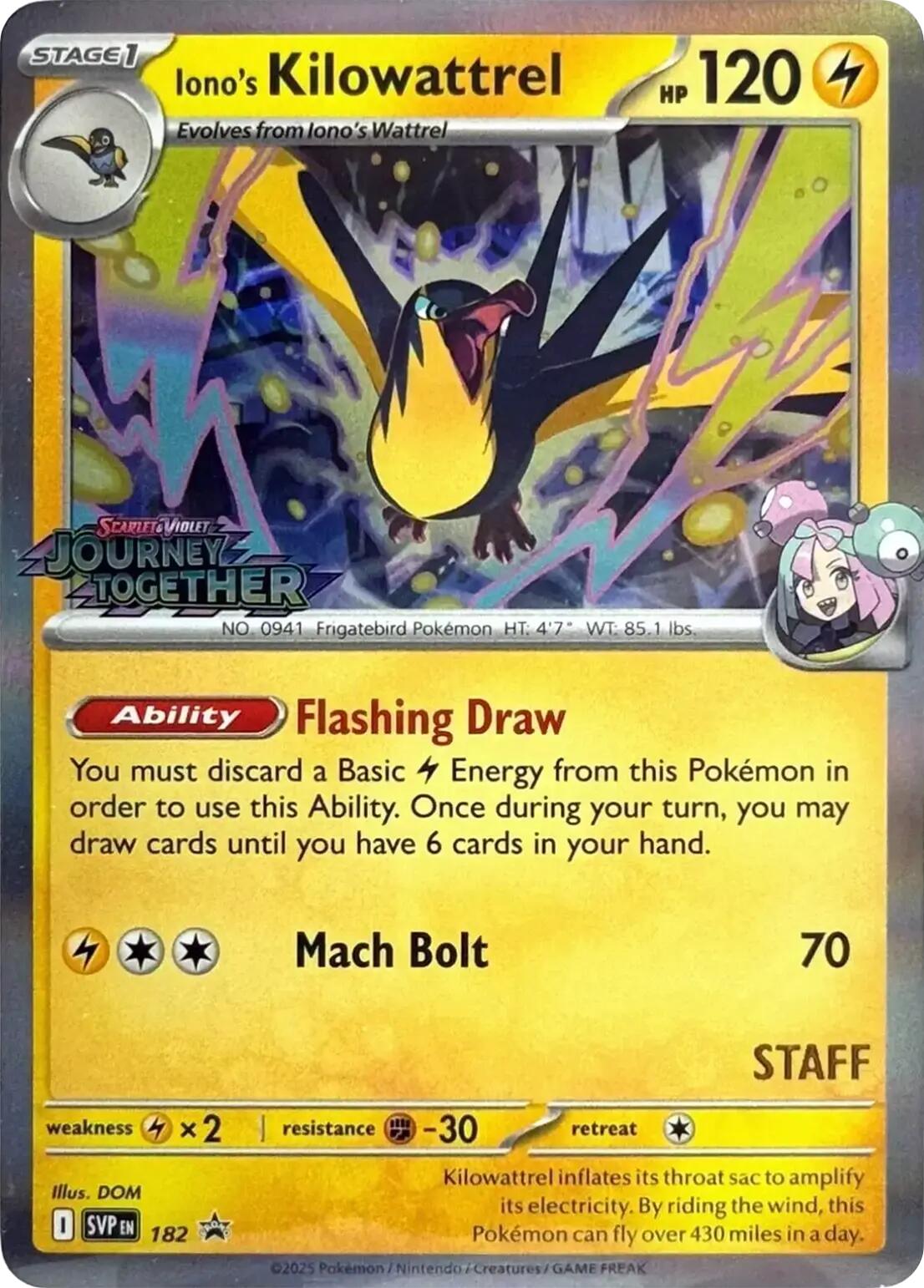 Iono's Kilowattrel (182) (Prerelease Staff) [Scarlet & Violet: Black Star Promos] | Clutch Gaming