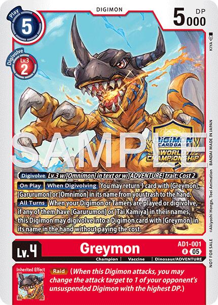 Greymon [AD1-001] - AD1-001 (World Championship 26–27 Regionals Season 1) [Advanced Booster Digimon Generation] | Clutch Gaming