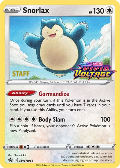 Snorlax (SWSH068) (Staff Prerelease Promo) [Sword & Shield: Black Star Promos] | Clutch Gaming