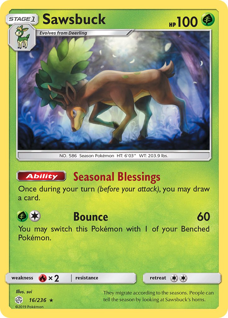 Sawsbuck (16/236) (Prerelease Kit Exclusive) (Theme Deck Exclusive) [Sun & Moon: Cosmic Eclipse] | Clutch Gaming