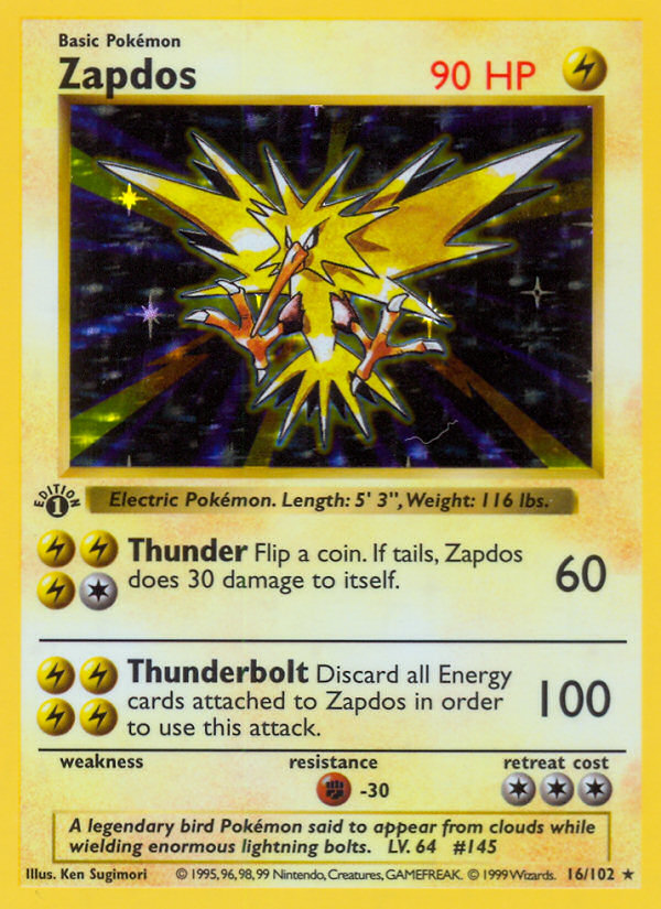 Zapdos (16/102) (Shadowless) [Base Set 1st Edition] | Clutch Gaming