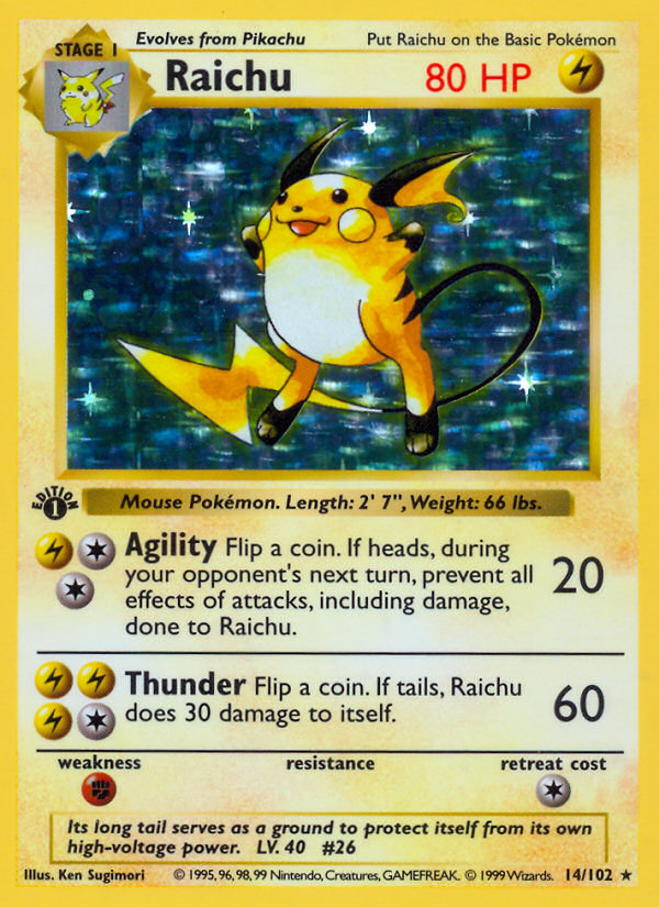 Raichu (14/102) (Shadowless) [Base Set 1st Edition] | Clutch Gaming