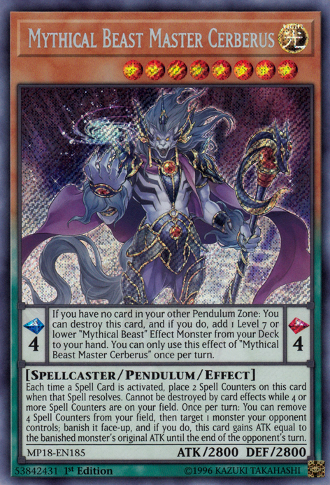 Mythical Beast Master Cerberus [MP18-EN185] Secret Rare | Clutch Gaming