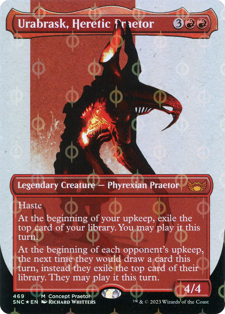 Urabrask, Heretic Praetor (Borderless Concept Praetors Step-and-Compleat Foil) [Phyrexia: All Will Be One] | Clutch Gaming