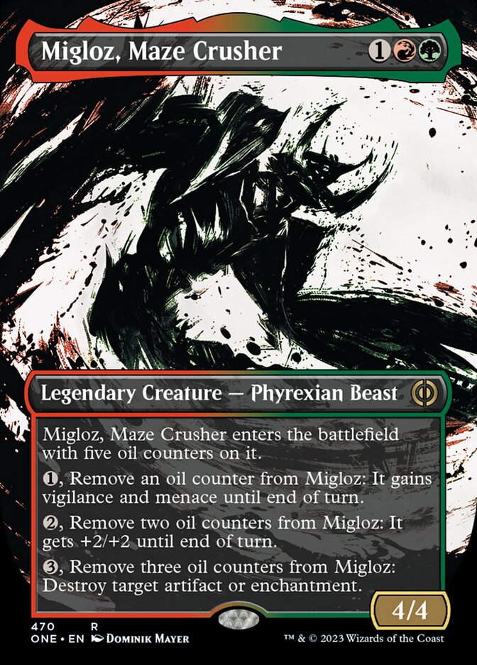 Migloz, Maze Crusher (Borderless Ichor Step-and-Compleat Foil) [Phyrexia: All Will Be One] | Clutch Gaming